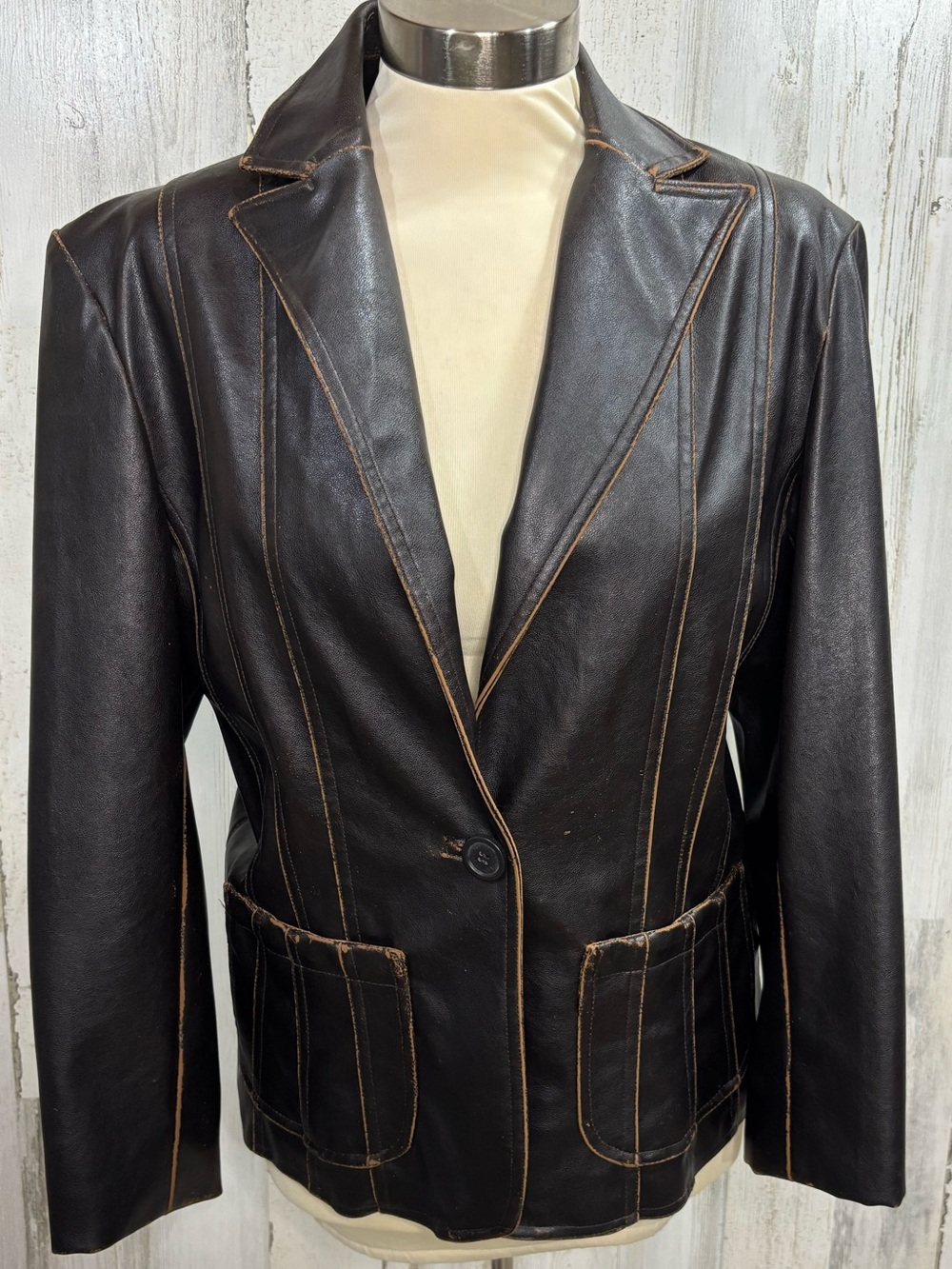 Dollhouse Distressed Dark Brown Faux Leather Blazer